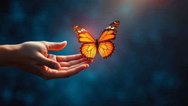 Surreal depiction of hands and butterfly symbolizing emotional wellness.