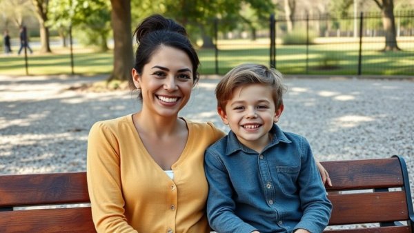 Inspiration stories: Happy woman and boy on park bench.
