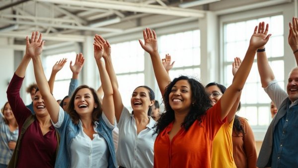 Group smiling and raising arms, mental health celebration.