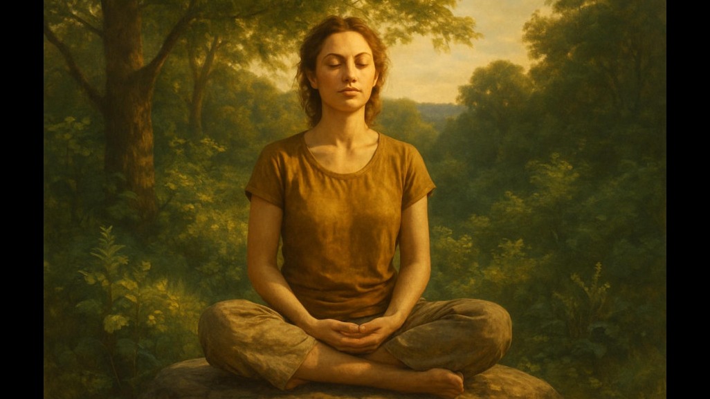 A serene woman meditates in nature, embodying wellness strategies for military families.