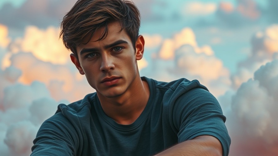 Somber young man in pastel clouds, reflecting on mental wellness and emotional health.