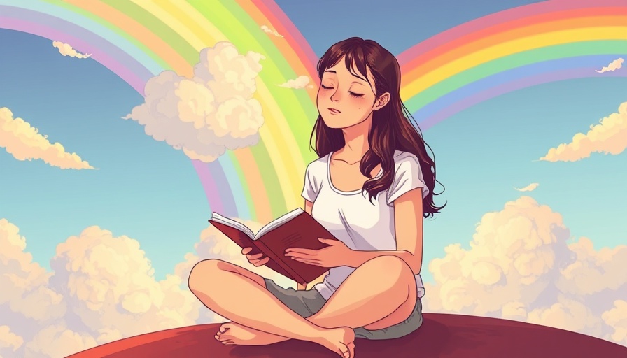 Serene young woman journaling on rainbow, expressing emotional wellness.