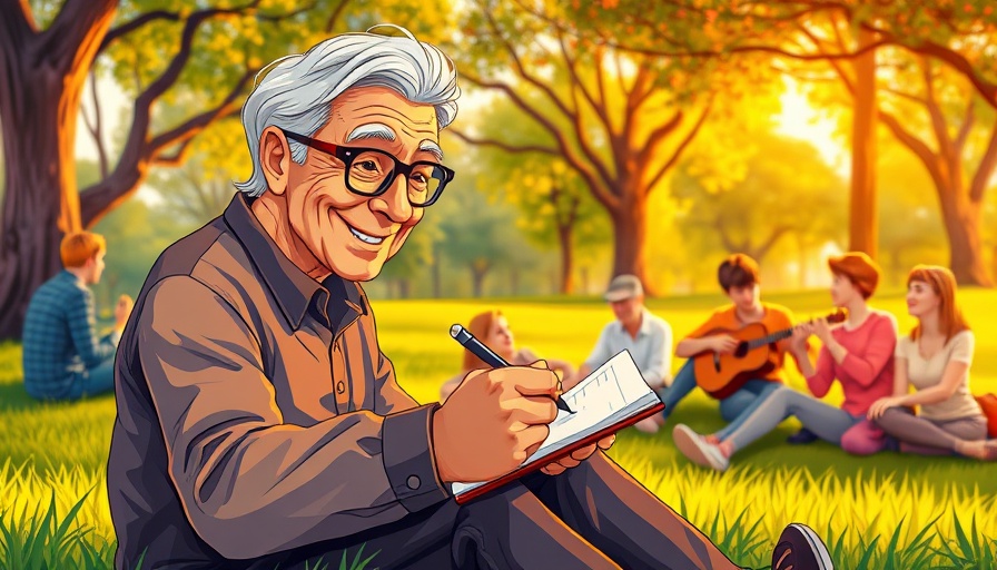 Elderly man writing in notebook in park, emotional wellness focus.