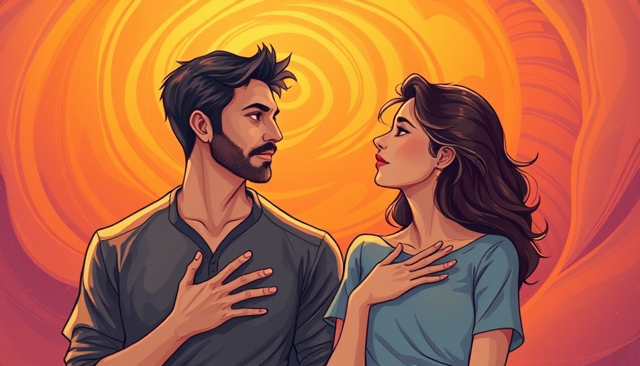 Thoughtful couple illustrating emotional wellness, vibrant background.