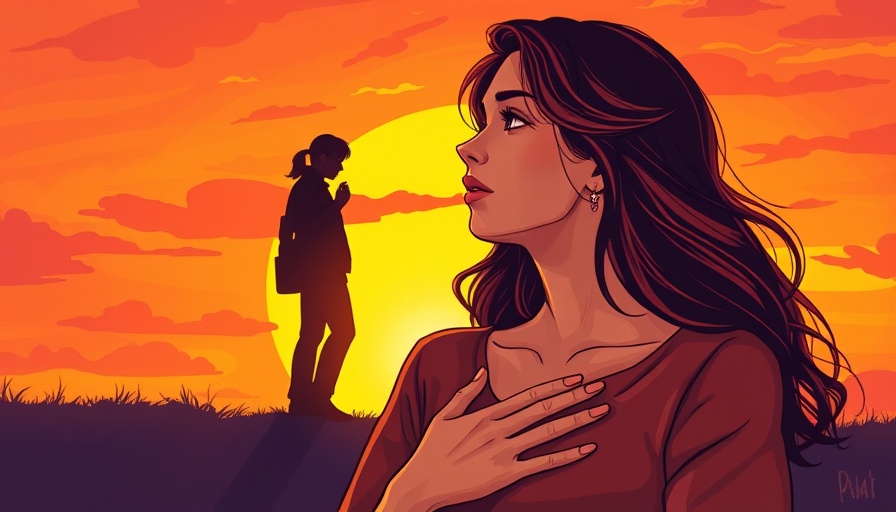 Emotional wellness illustration of introspective woman at sunset.