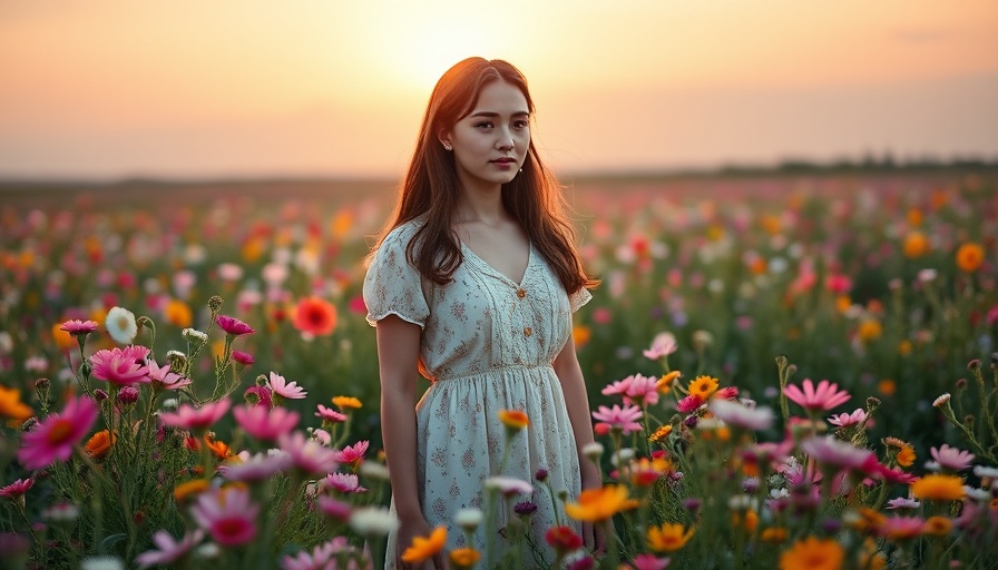 Serene woman enjoying sunlight in a flower meadow, emotional wellness.