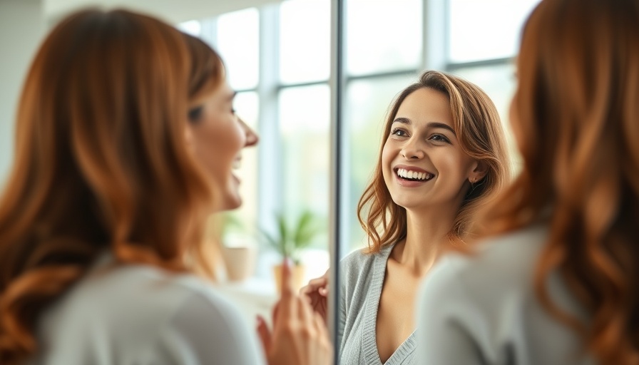 Woman reflecting on emotional wellness in front of a mirror.