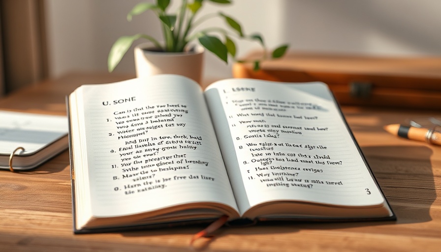 Open notebook with thought-provoking questions for personal growth.