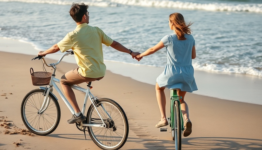Couple biking on a beach, let go of expectations in relationships.