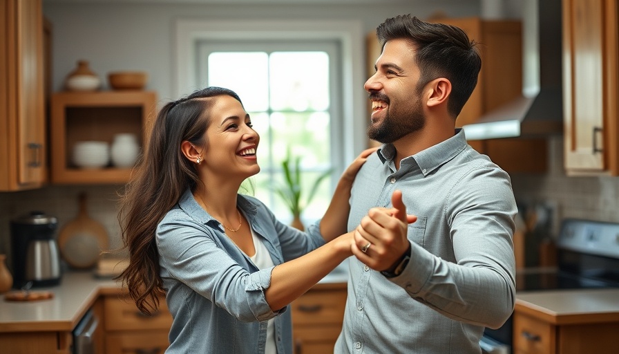 Cheerful couple dancing in kitchen, red flags vs growth areas.