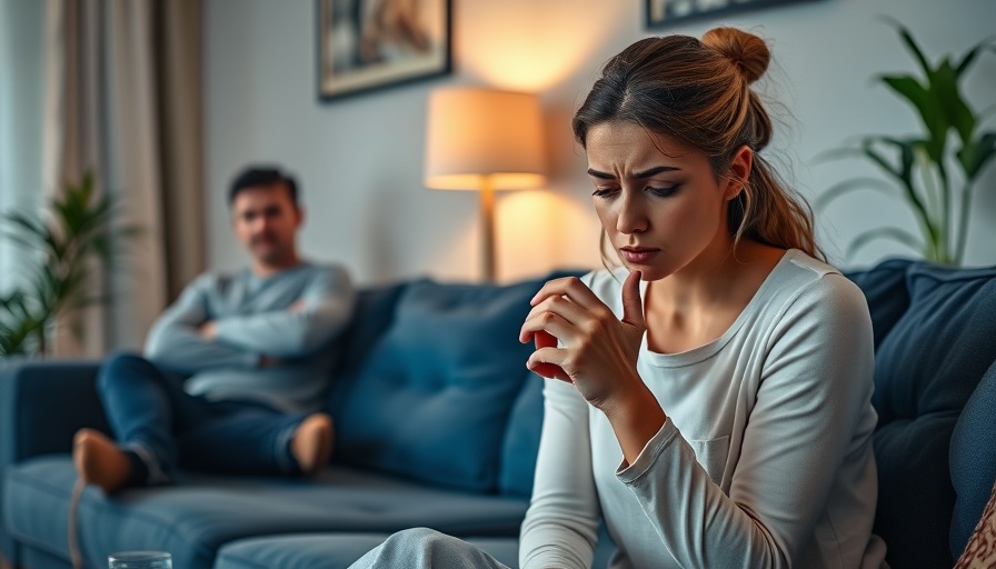 Woman contemplating removing ring, partner disinterested.
