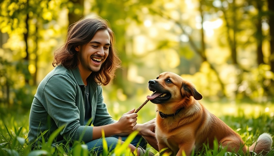 Joyful man and dog playing in forest, embodying a healthy relationship.