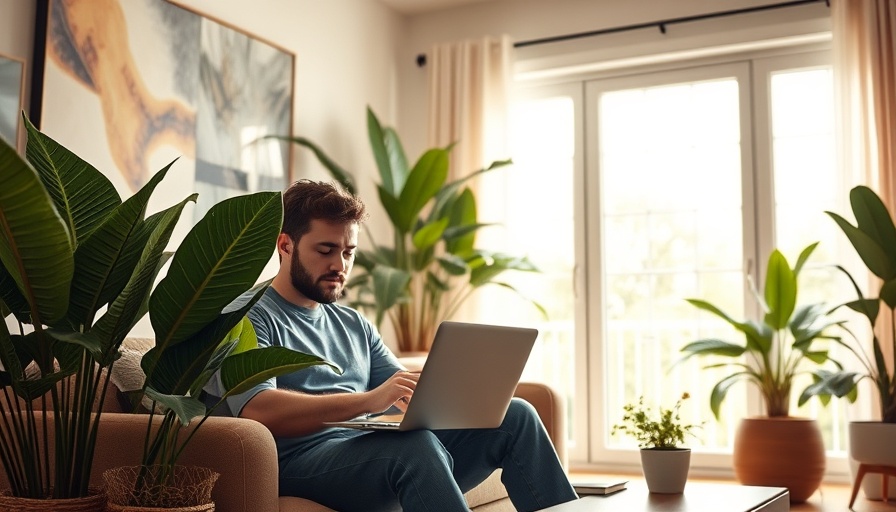 Work from home setup with tropical plants and sunlight.