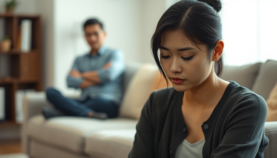 Thoughtful woman looks down while partner sits distant in background.