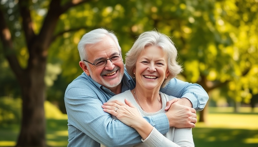 Middle-aged couple smiling outdoors, preventing a midlife marriage crisis.