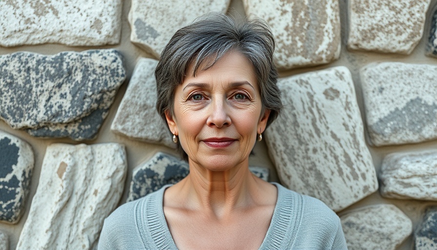 Middle-aged woman with calm expression in soft lighting, stone wall background.