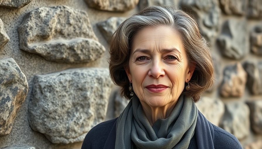 Middle-aged woman standing against stone wall, natural lighting.