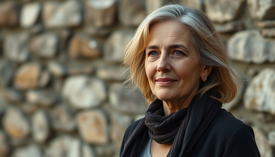 Mature woman standing against a stone wall, embodying 'Recalibrate Your Life'.