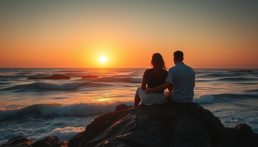 Coastal sunset with couple reflecting connection, signs your twin flame is thinking of you.