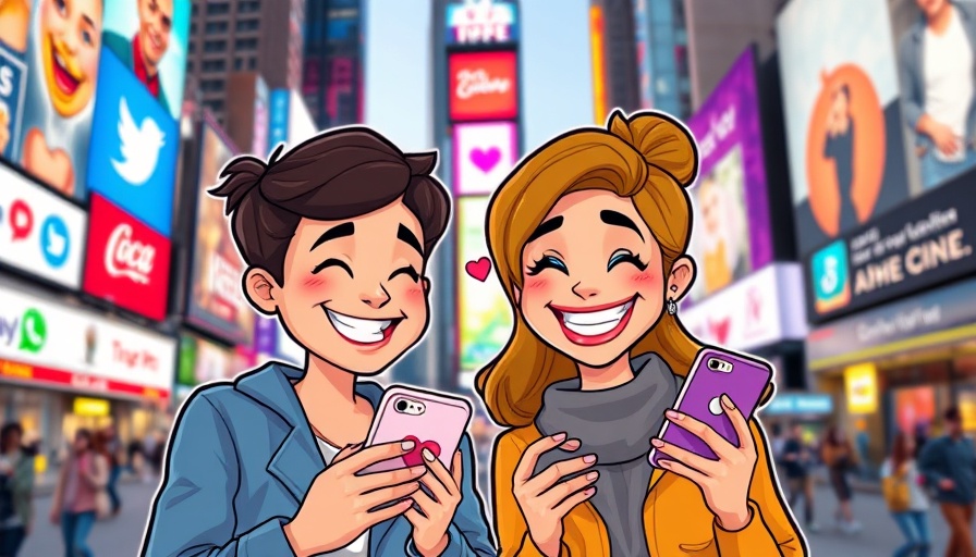 Cartoon couple using best dating app NYC in Times Square.