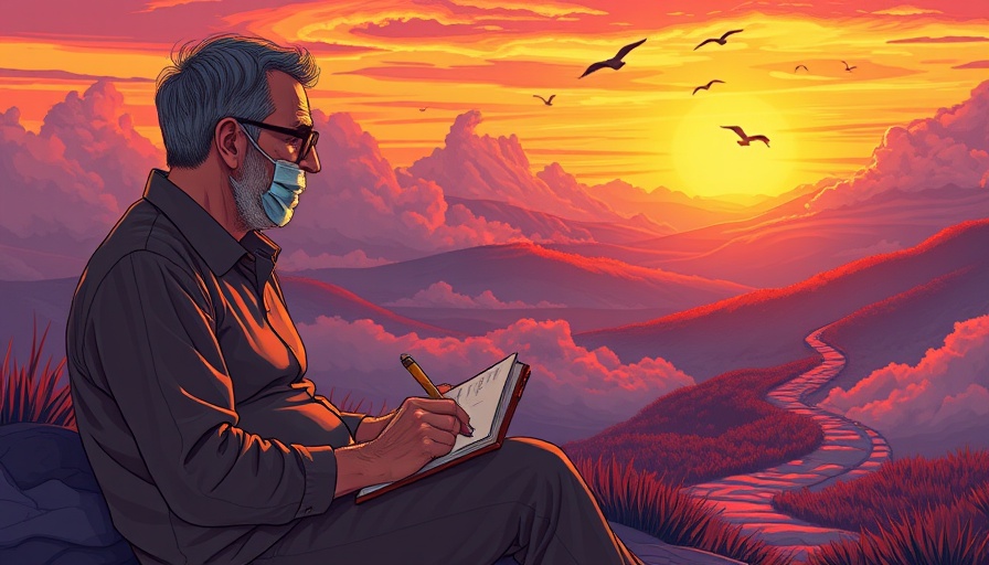 Man journaling in colorful landscape, symbolizing emotional wellness.