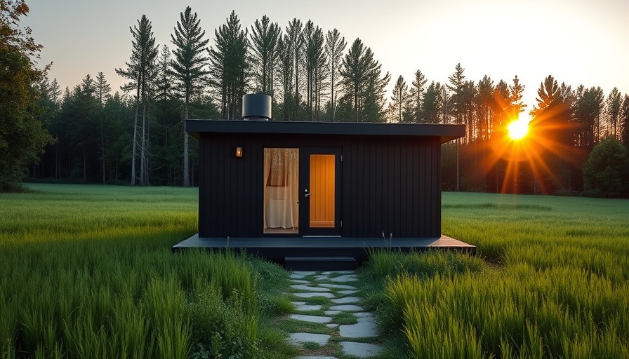 Minimalist backyard studio ADU plan in green meadow at sunset.