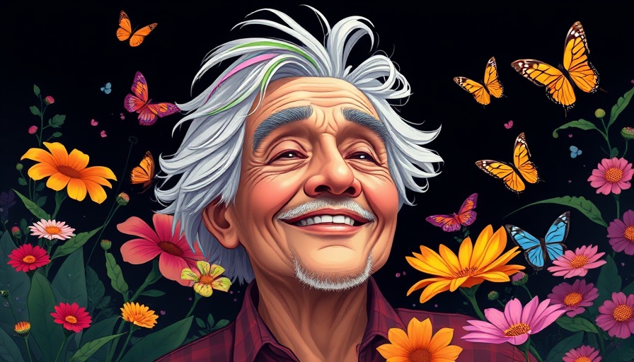 Serene elderly man with colorful hair, emotional wellness, surrounded by butterflies.