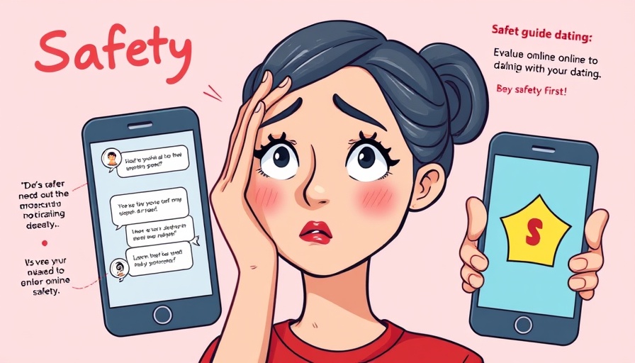 Cartoon image highlighting online dating safety tips with worried woman.