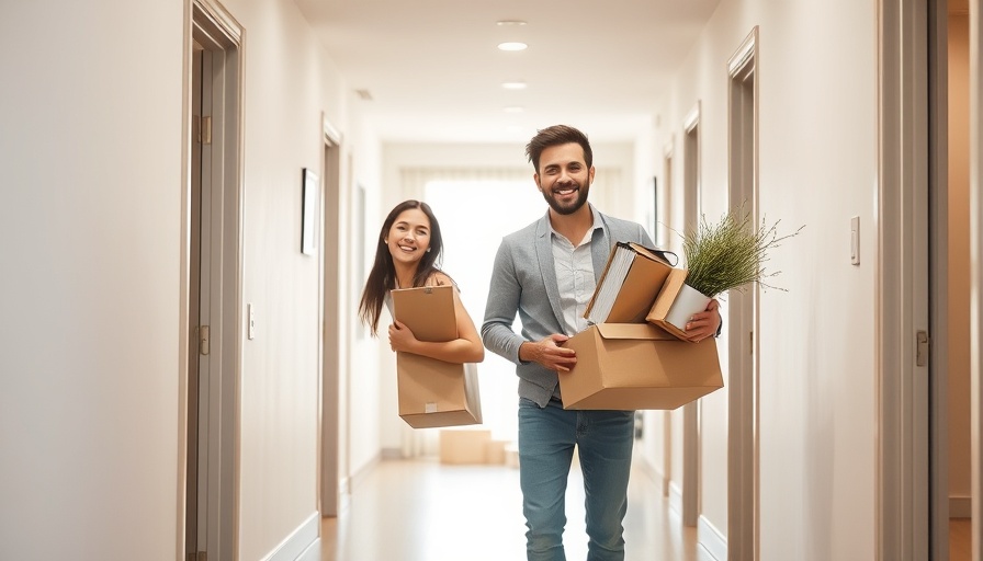 Couple moving in together, carrying items in modern apartment hallway.