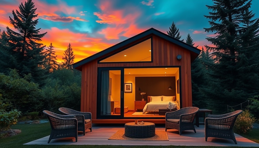 Charming modern tiny home with cozy patio at sunset, tiny homes discussions.