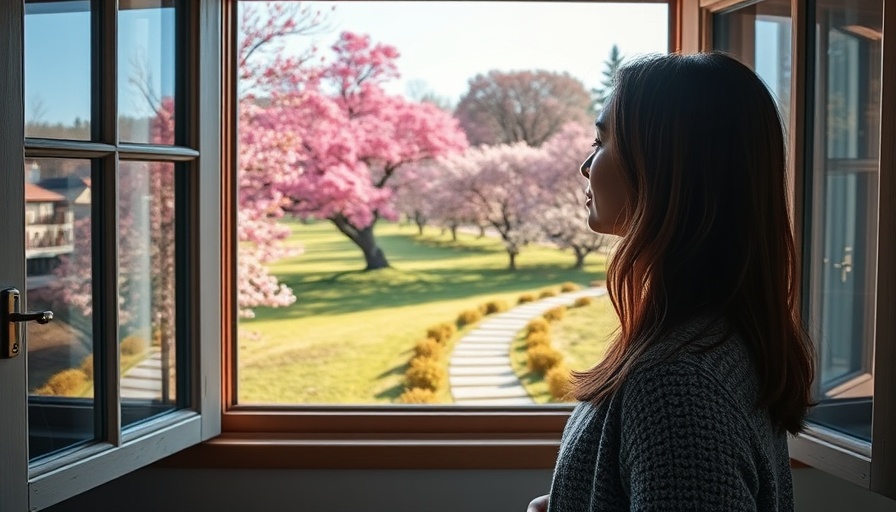 Contemplative woman looking out window towards a colorful landscape for emotional wellness.