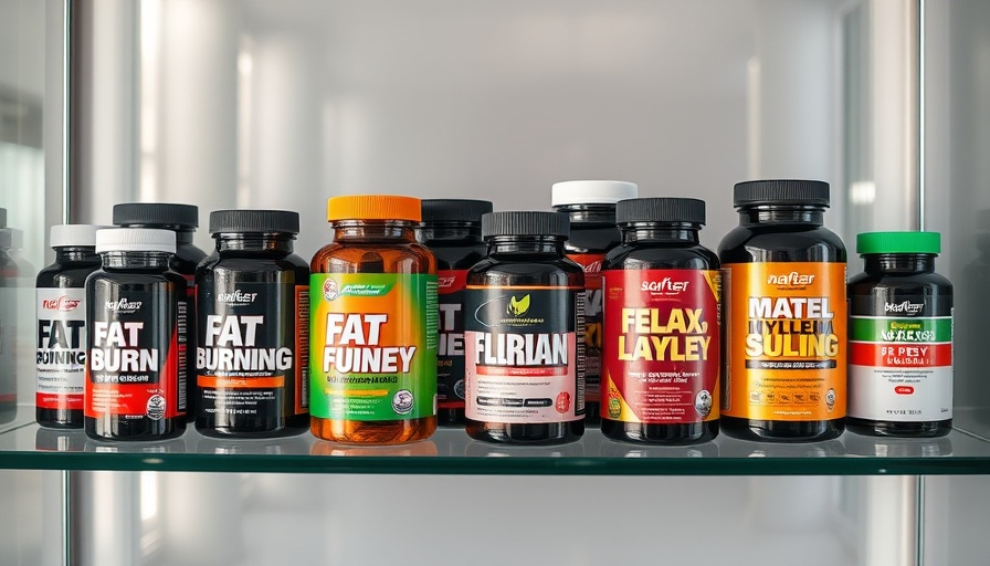 Sleek fat burning supplement bottles with vibrant labels on a shelf.