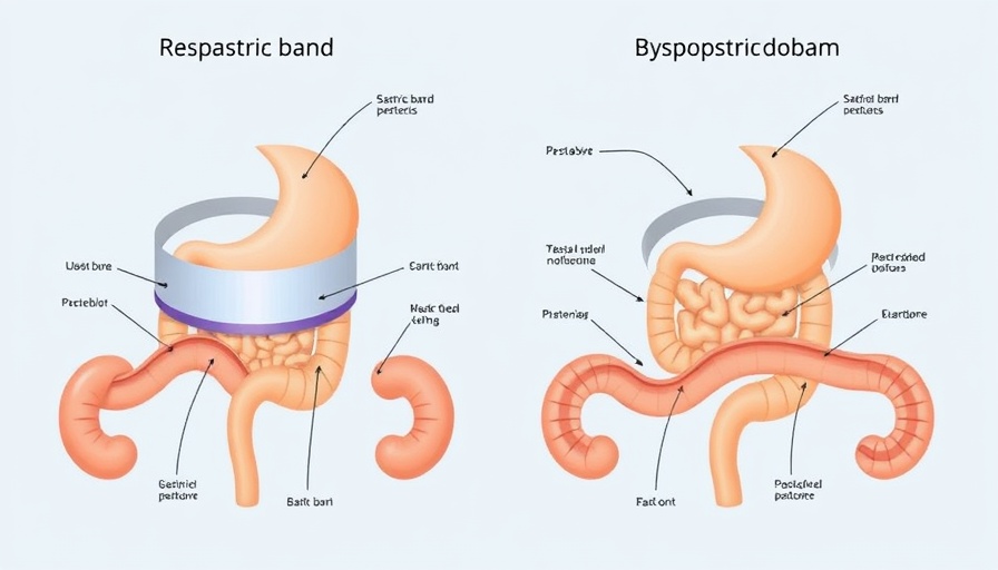 Illustration showing gastric band and gastric bypass techniques, band to bypass revision comparison.