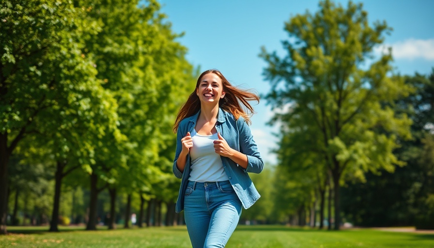 Young woman walking briskly in park, illustrating health benefits of fart walks.