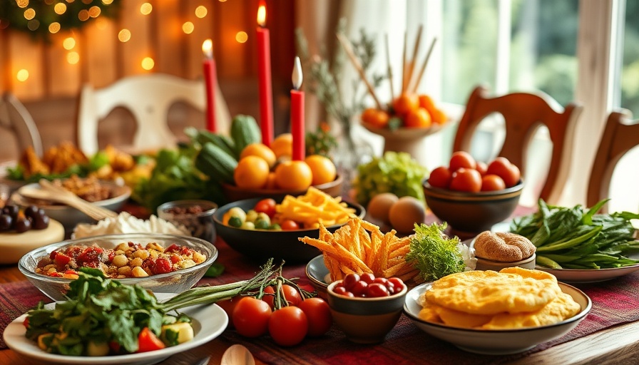 Vibrant holiday table with healthy dishes and fresh fruits.