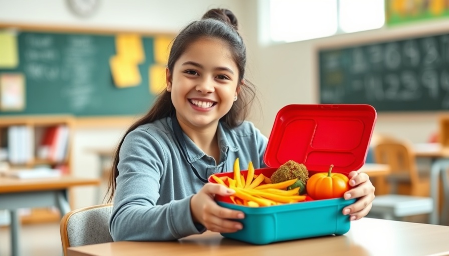 Back to School Health: student with healthy lunchbox in classroom.