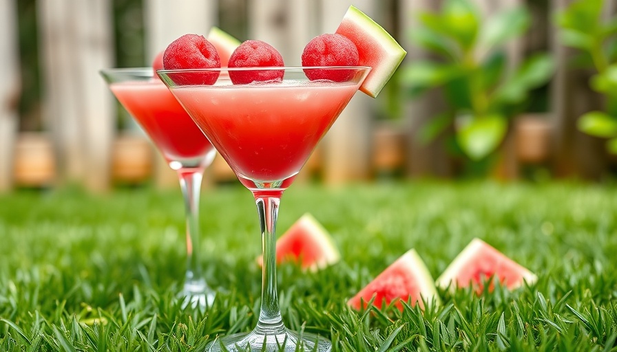 Refreshing watermelon martini recipe in outdoor setting with vibrant colors.