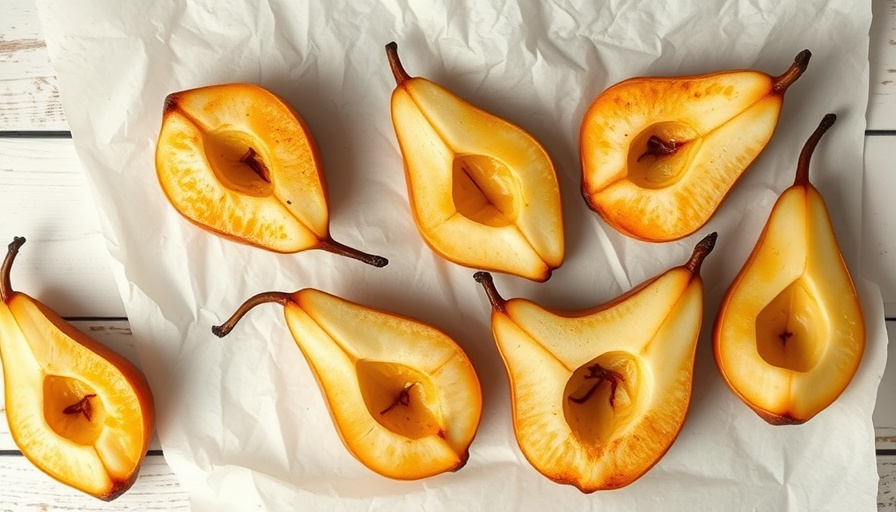 Oven-baked pears on parchment paper over a wooden background.