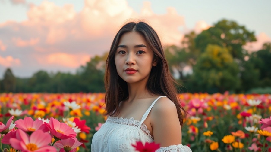 Serene young woman embodies self-love in a vibrant flower field, promoting mental health.