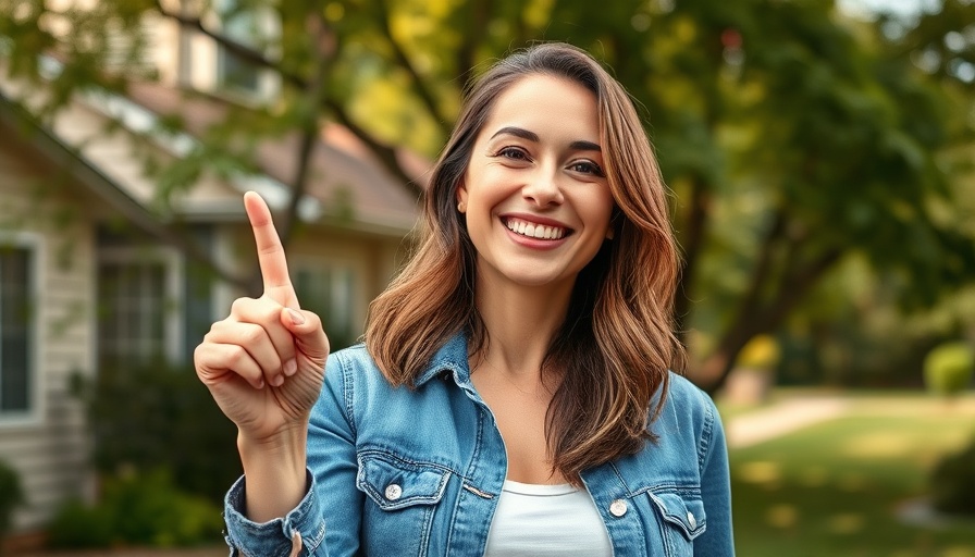 Confident woman pointing upwards in front of a house, real estate investments in 2025.