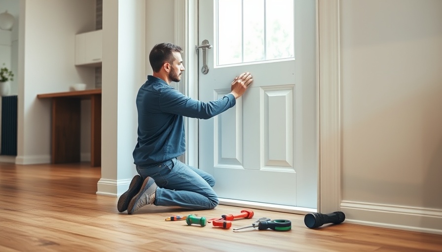 Man installing smart lock on uPVC door inside modern home.