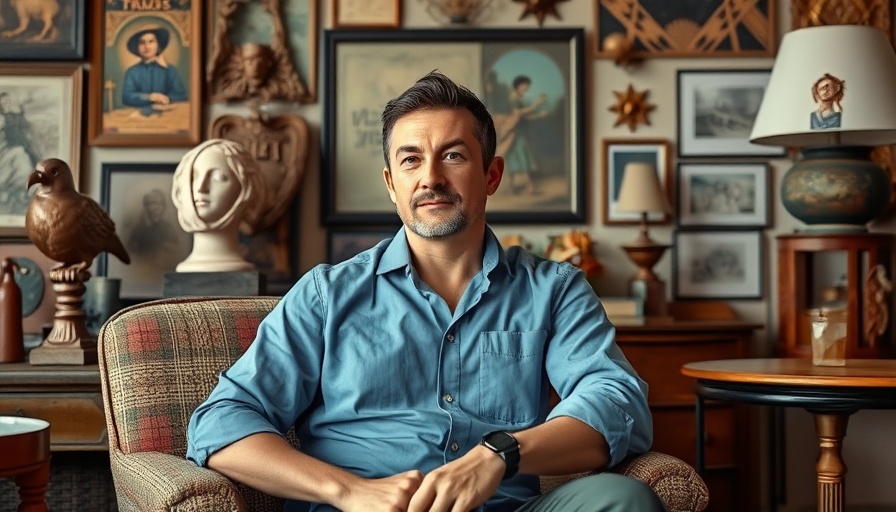 Eclectic interior design inspiration with relaxed man surrounded by art.
