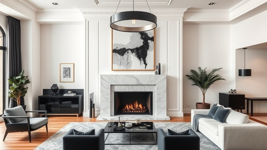 Modern living room setup with abstract art and marble fireplace, personalize your rental.