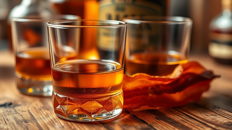 Whiskey glasses with bacon garnish on wooden table, November grilling vibe.
