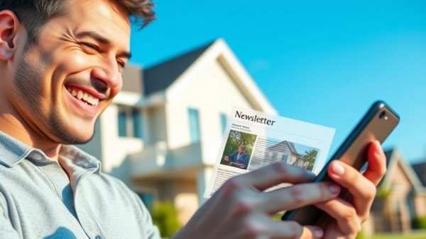 Smiling man reading BiggerNews on smartphone with house background.