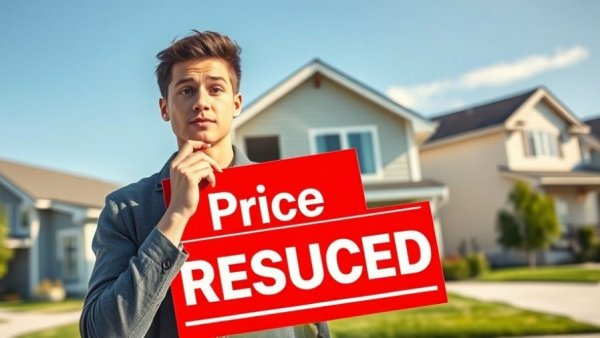 Surprised man next to 'Price Reduced' sign in real estate context
