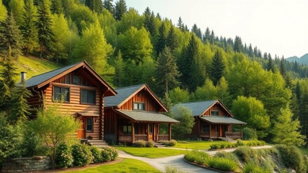 Little Onsen Cabins Hokkaido amid lush forest landscape.