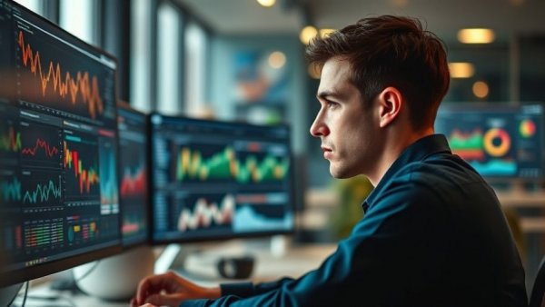 Young man analyzes real estate market metrics on computer screens.