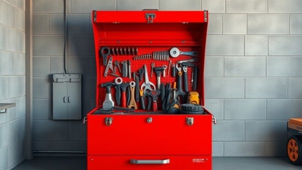 Open steel toolbox under $50 filled with tools in a workshop.