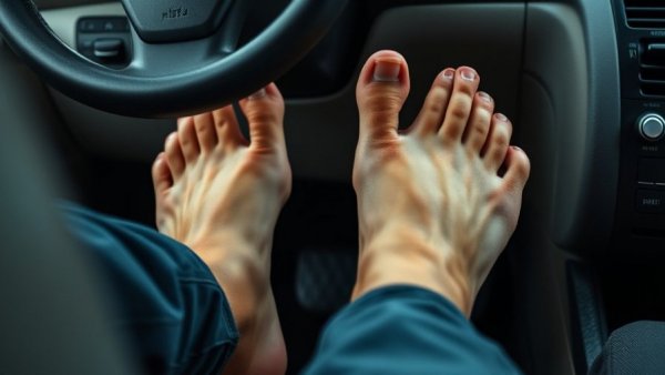 Driving Barefoot on car pedals, relaxed style, realistic focus.